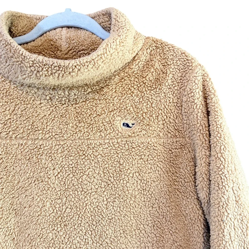 Vineyard Vines Womens‎ Sherpa Fleece Pullover Tan Beige Funnel Neck Whale Logo M
